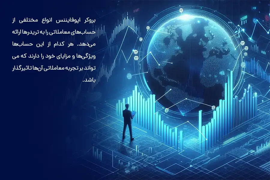 بروکر اپوفایننس انواع مختلفی از حساب‌های معاملاتی با ویژگی‌ها و مزایای مناسب را به تریدرها ارائه می‌دهد.