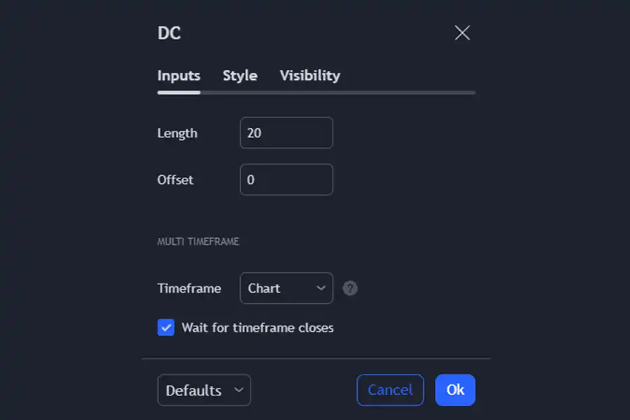 تیک گزینه «منتظر بمانید تا بازه زمانی بسته شود» باید فعال باشد، تا اندیکاتور DC هم‌زمان با بسته‌شدن کندل اطلاعاتش را به‌روز کند.