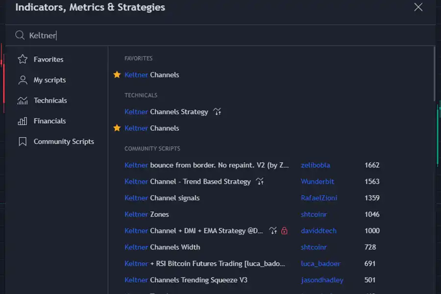 برای آن‌که بتوانید از این اندیکاتور استفاده کنید، کافی است در بخش اندیکاتورها، واژه “Keltner” را جستجو کنید.