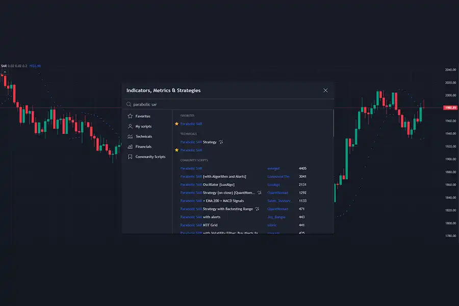 برای فعال‌سازی و استفاده از اندیکاتور پارابولیک سار در نمودار، کافی است در قسمت اندیکاتورهای معاملاتی واژه “Parabolic SAR” را جستجو کنید. 