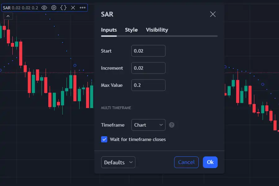 در قسمت Style می‌توانید از نظر ظاهری، برخی تغییرات را برای استفاده از اندیکاتور پارابولیک سار اعمال کنید.