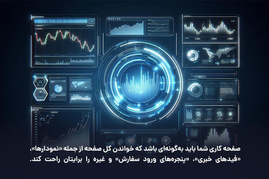 صفحه کاری شما باید به‌گونه‌ای باشد که خواندن کل صفحه از جمله «نمودارها»، «فیدهای خبری»، «پنجره‌های ورود سفارش» و غیره را برایتان راحت کند.