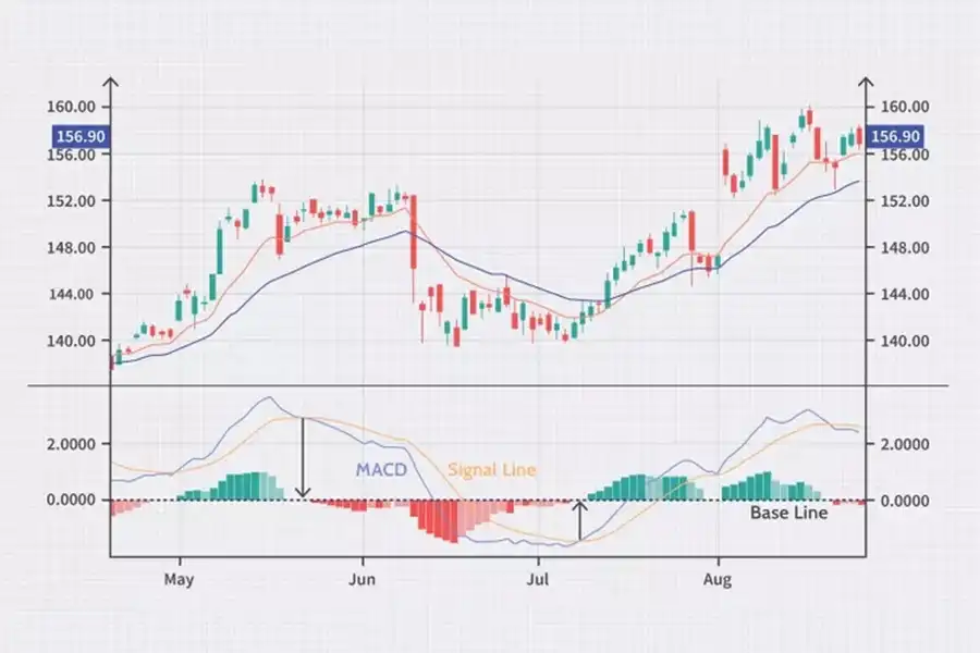 اندیکاتور مکدی اغلب با یک هیستوگرام که فاصله بین MACD و خط سیگنال است، نمایش داده می‌شود.