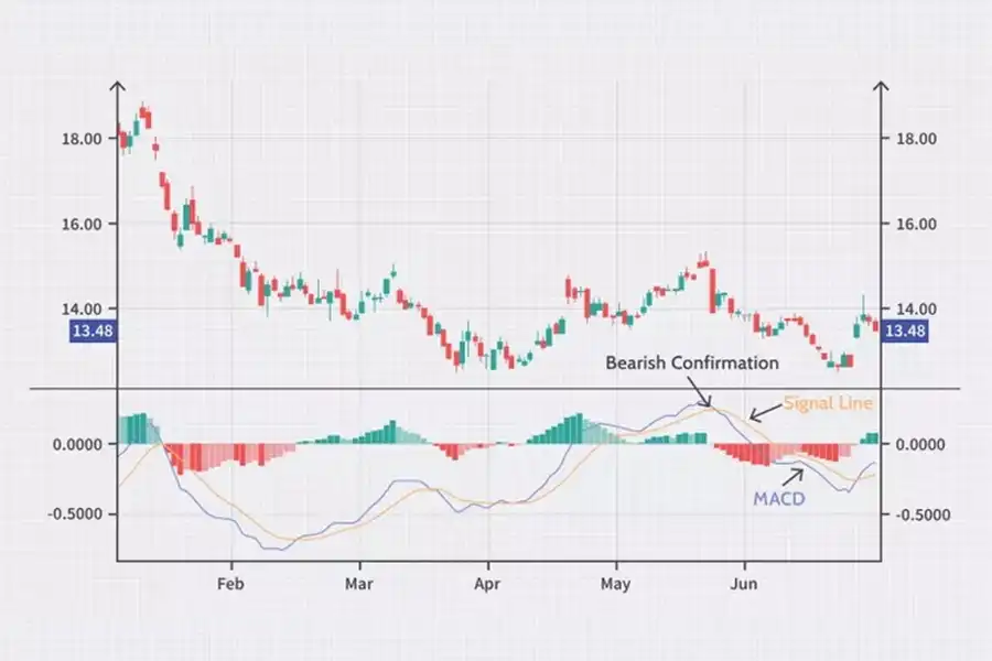 اگر اندیکاتور مکدی MACD به‌دنبال یک حرکت کوتاه در یک روند نزولی بلندمدت از زیر خط سیگنال خود عبور کند، معامله‌گران آن را یک تایید نزولی در نظر می‌گیرند.