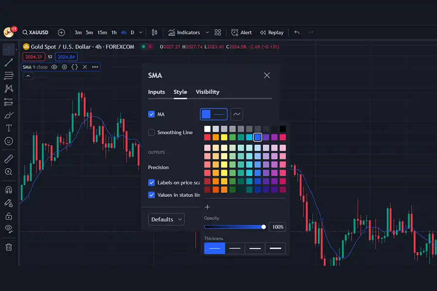 در سربرگ استایل می‌توانیم رنگ و نوع خطوط اندیکاتور میانگین متحرک را تغییر دهیم.