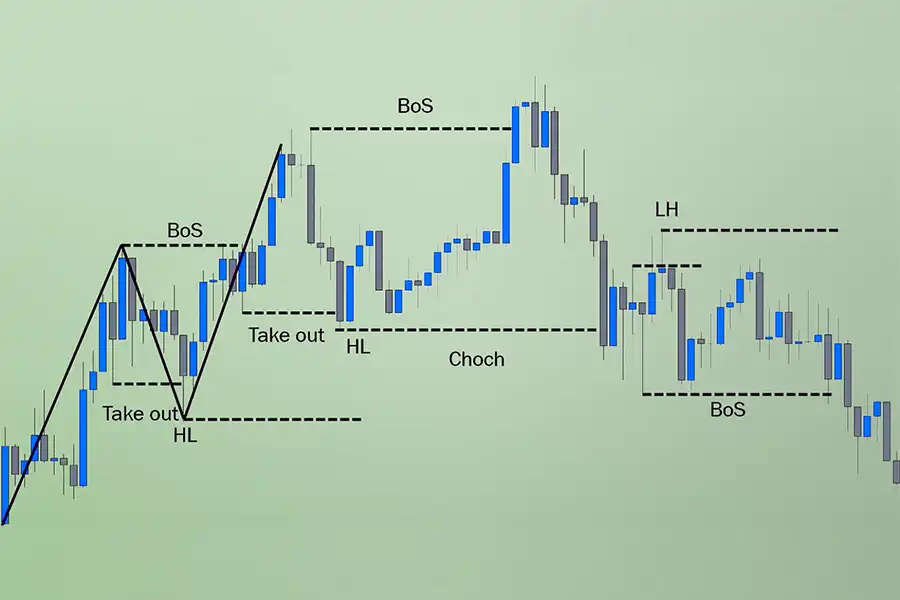 ساختار CHoCH زمانی شکل می‌گیرد که روند صعودی یا نزولی قیمت، جهت خود را تغییر دهد و به روند نزولی یا صعودی تبدیل گردد.