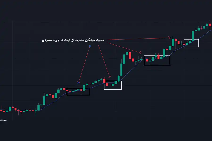 حمایت پویا زمانی که قیمت از خط میانگین متحرک به سمت بالا عبور می‌کند، با صورت روند صعودی نشان داده می‌شود.