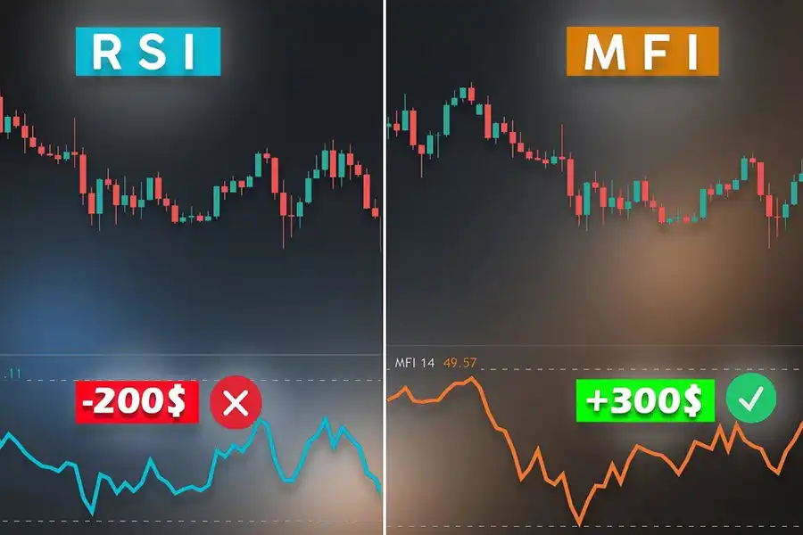 MFI از حجم معاملات به‌عنوان یک ورودی در محاسبات خود استفاده می‌کند، در حالی که RSI تنها بر اساس قیمت‌ها کار می‌کند و حجم معاملات را در نظر نمی‌گیرد.