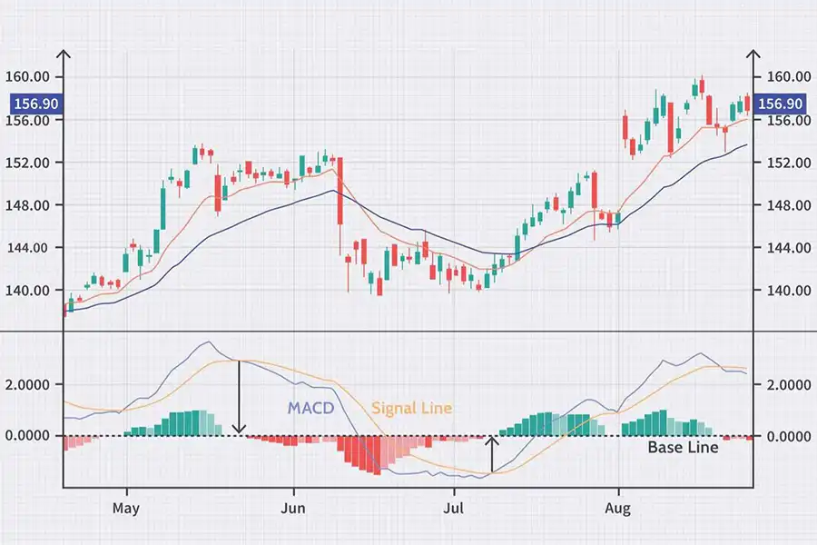 MACD به معامله‌گران کمک می‌کند تا با استفاده از تقاطع خطوط مختلف روند، زمان‌های ورود و خروج را مشخص کنند.