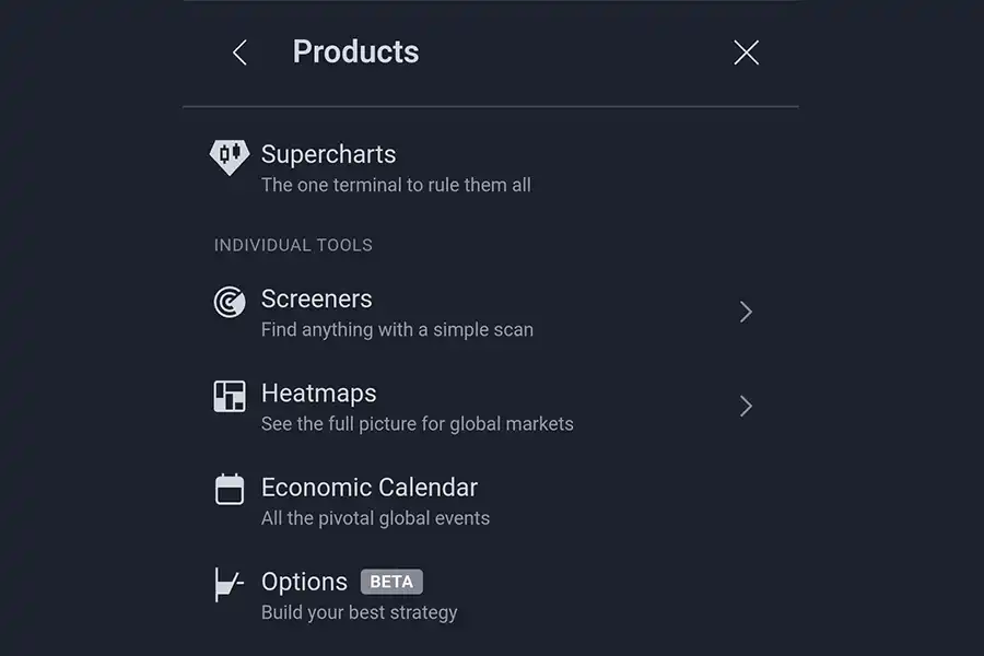 مهم‌ترین زیربخش‌های زبانه‌ Products در تریدینگ ویو شامل، Chart، Screeners، Heatmaps است.