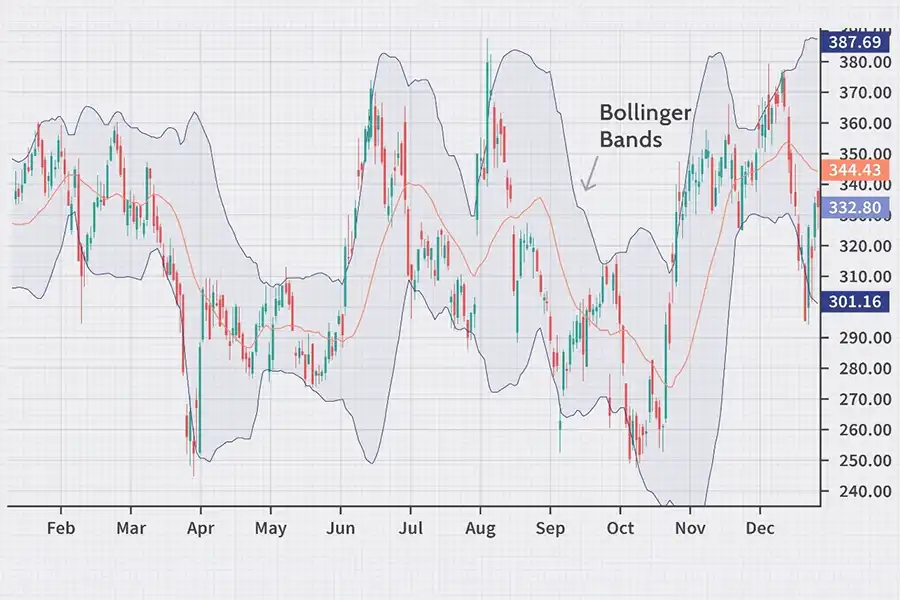 باندهای بولینگر برای ارزیابی نوسانات قیمت و تعیین این‌که آیا یک دارایی بیش از حد خریداری شده یا فروخته شده است، استفاده می‌شوند.