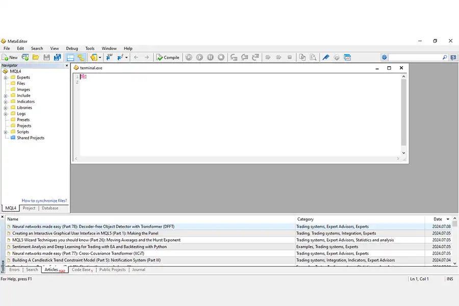 با فشردن کلید F4، ویرایشگر کد MQL4 باز می‌شود.