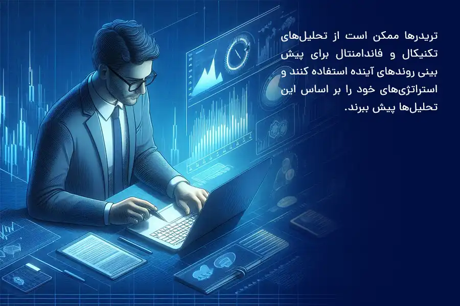 تریدرها ممکن است از تحلیل‌های تکنیکال و فاندامنتال برای پیش‌بینی روندهای آینده استفاده کنند و استراتژی‌های خود را بر اساس این تحلیل‌ها پیش ببرند.