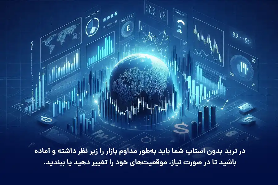 در ترید بدون استاپ شما باید به‌طور مداوم بازار را زیر نظر داشته و آماده باشید تا در صورت نیاز، موقعیت‌های خود را تغییر دهید یا ببندید.