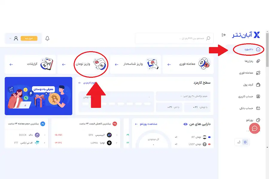 در آبان تتر می‌توانید بعد از احراز هویت، روی «داشبورد» کلیک کنید و «واریز به تومان» را انتخاب نمایید.