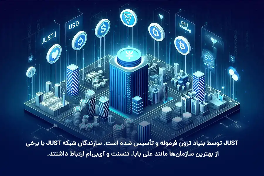 JUST توسط بنیاد ترون فرموله و تأسیس شده است. سازندگان شبکه JUST با برخی از بهترین سازمان‌ها مانند علی بابا، تنسنت و آی‌بی‌ام ارتباط داشتند.