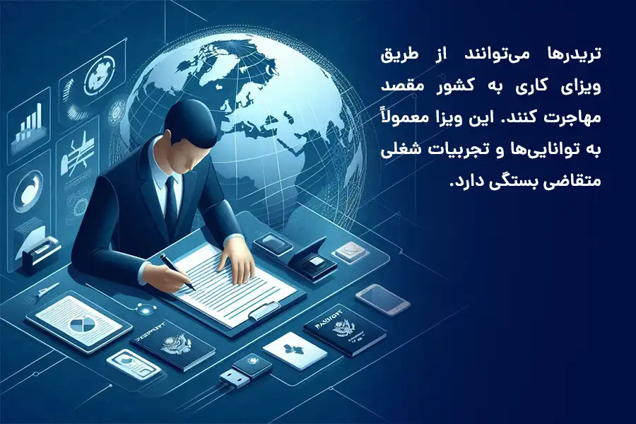 تریدرها معمولاً با توجه به توانایی‌ها و تجربیات شغلی می‌توانند از طریق ویزای کاری به کشور مقصد مهاجرت کنند. 