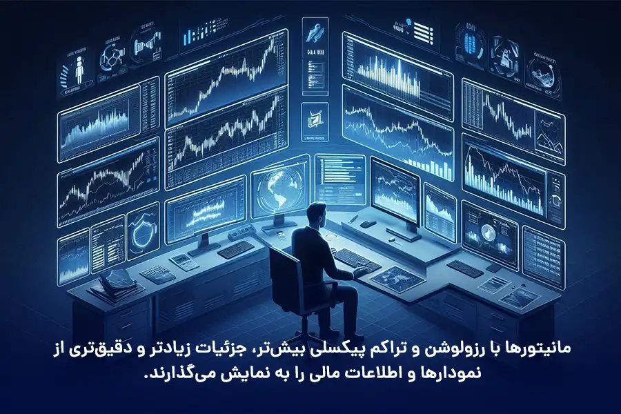 مانیتورها با رزولوشن و تراکم پیکسلی بیش‌تر، جزئیات زیادتر و دقیق‌تری از نمودارها و اطلاعات مالی را به نمایش می‌گذارند.