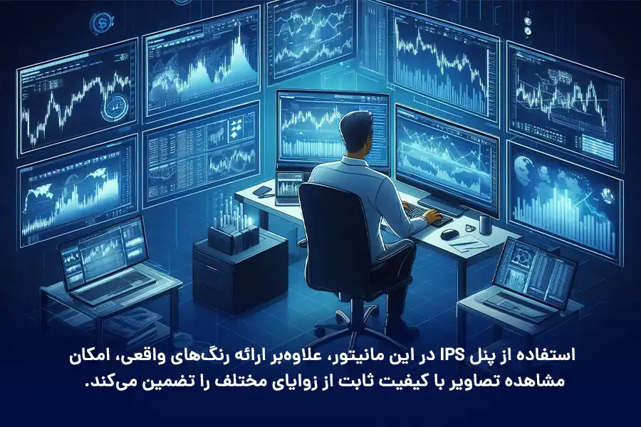 استفاده از پنل IPS در این مانیتور، علاوه‌بر ارائه رنگ‌های واقعی، امکان مشاهده تصاویر با کیفیت ثابت از زوایای مختلف را تضمین می‌کند.