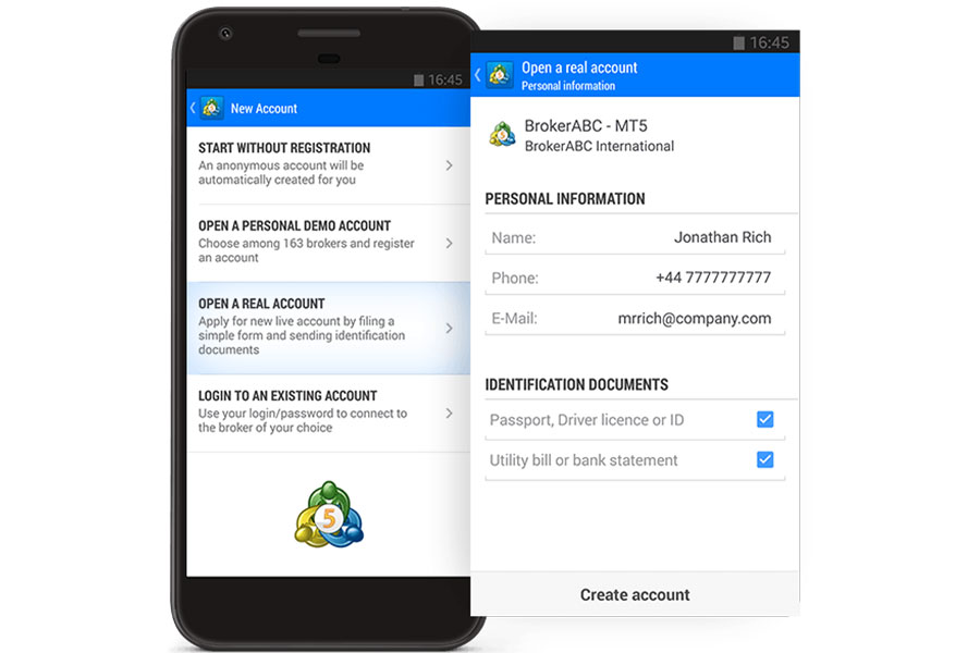 پس از نصب MT5، با انتخاب گزینه "Open an Account" می‌توانید یک حساب دمو یا ریل در بروکر موردنظر خود ایجاد نمایید.